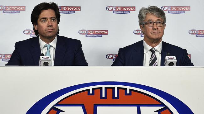 AFL Commission Chairman Mike Fitzpatrick and Chief Executive Gill McLachlan address the media.