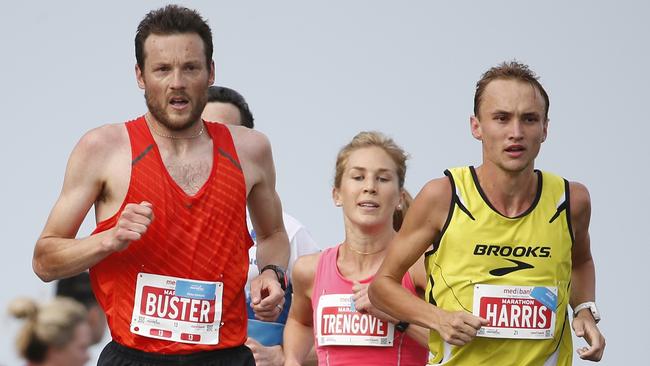 Craig Mottram (left) set the pace for Jessica Trengove (background) before diverting to his favourite bakery. Pic: Michael Klein