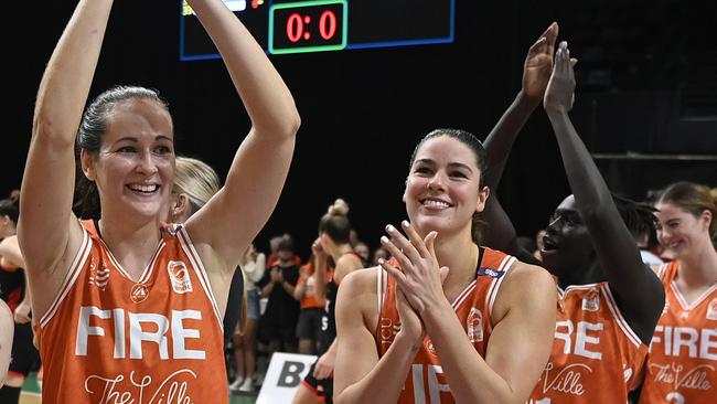 TOWNSVILLE, AUSTRALIA – FEBRUARY 26: The Fire celebrate after winning game two of the WNBL Semi Final series between Townsville Fire and Perth Lynx at Townsville Entertainment Centre, on February 26, 2025, in Townsville, Australia. (Photo by Ian Hitchcock/Getty Images)