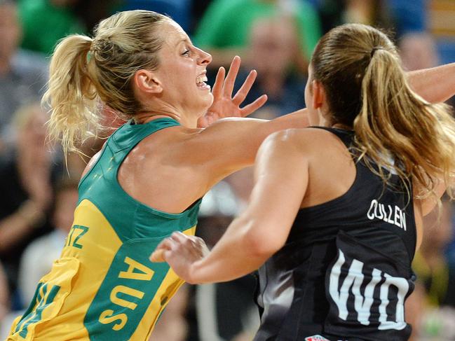 SPORT - Australian Diamonds v New Zealand - Constellation Cup netball series. Perth Arena. Photo by Daniel Wilkins. PICTURED - Diamond's Laura Geitz intercepts a pass during the third term