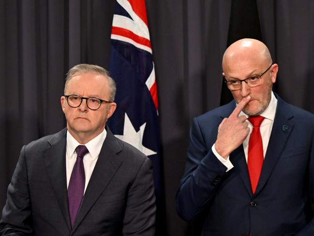 Australian Prime Minister Anthony Albanese (left) and ASIO Director-General Mike Burgess speak during a press conference at Parliament House in Canberra, Monday, August 5, 2024. (AAP Image/Lukas Coch) NO ARCHIVING