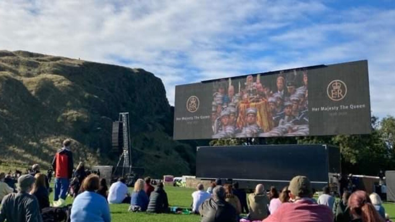 Craig’s Landing, Edinburgh, Scotland: The general public watch a livestream of the funeral on Craig's Landing, Edinburgh, sent in by Aussie in Scotland, Alison Hayward. Picture: Supplied