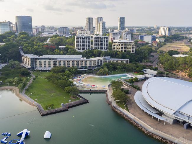 Aerial view of Darwin's Waterfront Precinct...Darwin Waterfront is home to the Wave Pool and also safe swimming Recreation Lagoon...Cafes and restaurants offer plenty of opportunities to refuel after a morning swim, linger over a luxurious lunch, or stop for a sundowner.