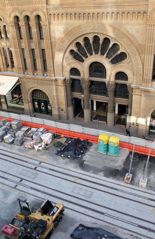 The rails going in on George St near the Queen Victoria Building this week. Picture: Christian Gilles