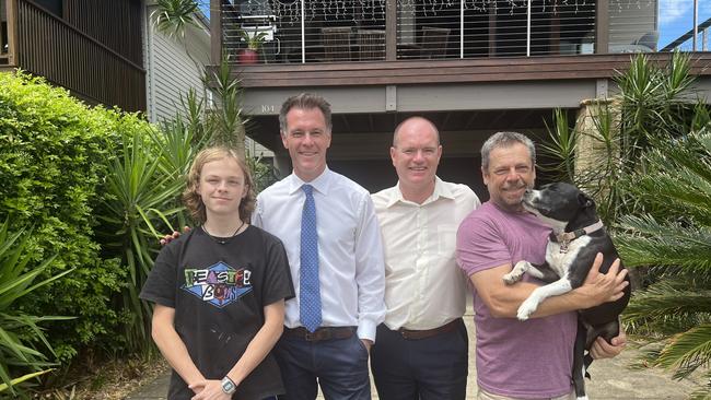 Ben Snellgrove, NSW Labor leader Chris Minns, Tweed Labor candidate Craig Elliot and Tony Snellgrove with dog Mindy during a visit to Tumbulgum by Mr Minns on February 28. Picture: David Bonaddio