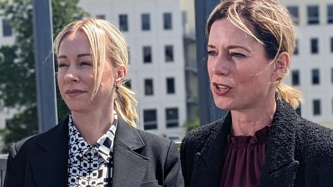 Labor Leader Rebecca White and Property Council Tasmania president Heather Mason speak to the media in Hobart on Monday, October 30, 2023.