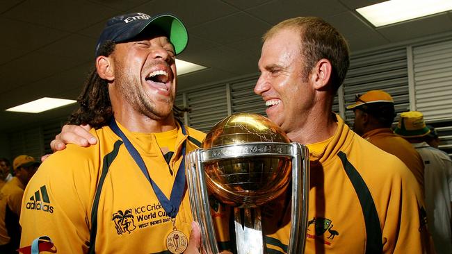 Andrew Symonds and Matthew Hayden share a laugh after winning the 2007 World Cup