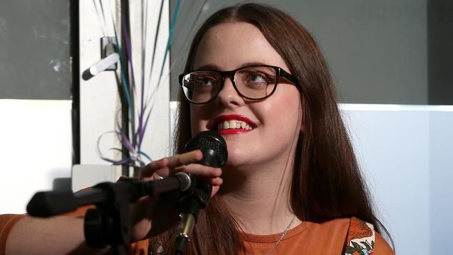 Kayla Sirrell performing at a disability information session in Rowville. Picture: Hamish Blair