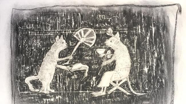 Cat and Mouse, charcoal on paper, by Patrick Shirvington.