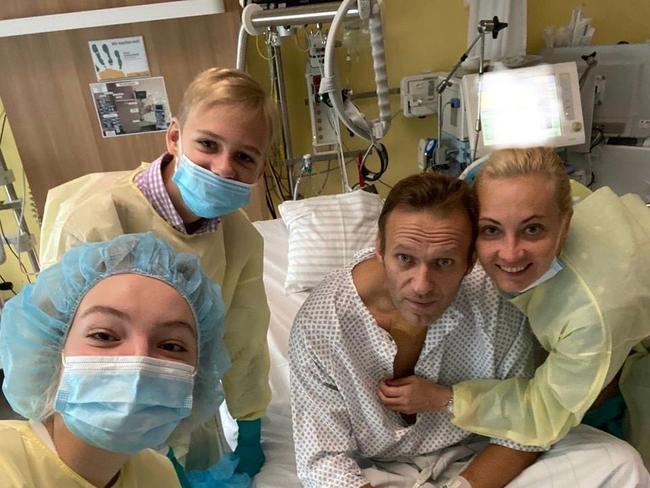 Alexei Navalny with his family in September 2020 when he was recovering in Berlin after being poisoned with the Novichok nerve agent. Picture: AFP