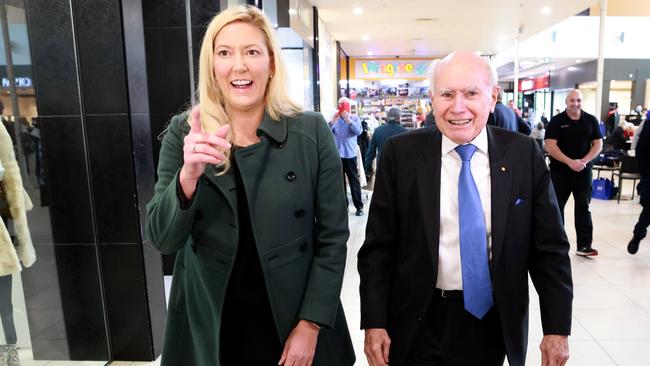 John Howard on a shopping centre walk with Rachel Swift this morning at the Mitcham Shopping Centre Picture: Kelly Barnes