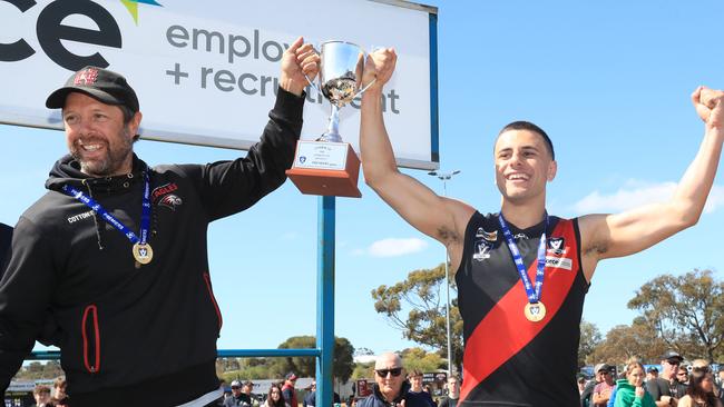 Alfie Wojcinski won a premiership with his father David Wojcinski (left) as coach. Picture: Mark Wilson