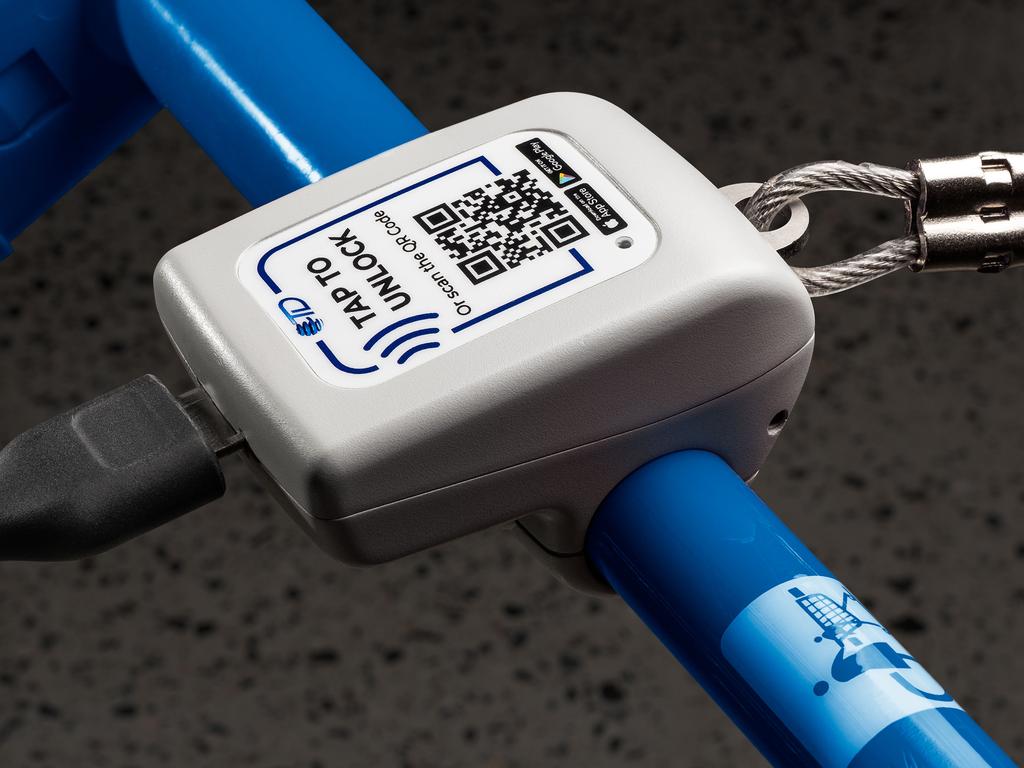 A coinless shopping trolley lock and GPS tracking system has been developed in NSW, making it easier for retailers to find abandoned trolleys. Picture: Supplied/ Trolley Data Management Network