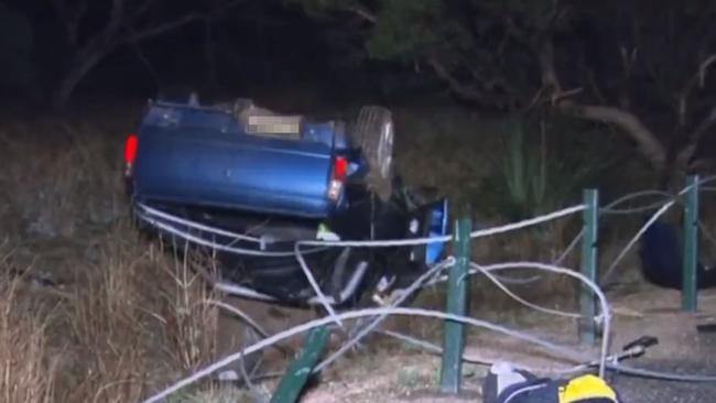 A car involved in a fatal smash on the Dukes Highway at Ki Ki in the state's southeast. Fifty nine have died on South Australian roads already this year, 17 higher than the five year average. Picture: 7NEWS