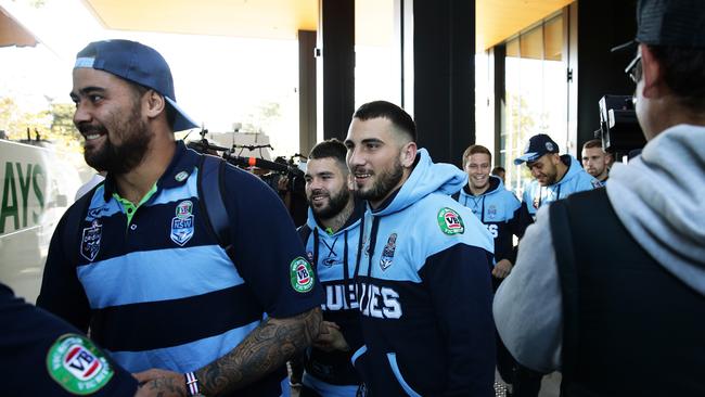 Andrew Fifita, Adam Reynolds and Jack Bird get ready to depart. Picture: Brett Costello