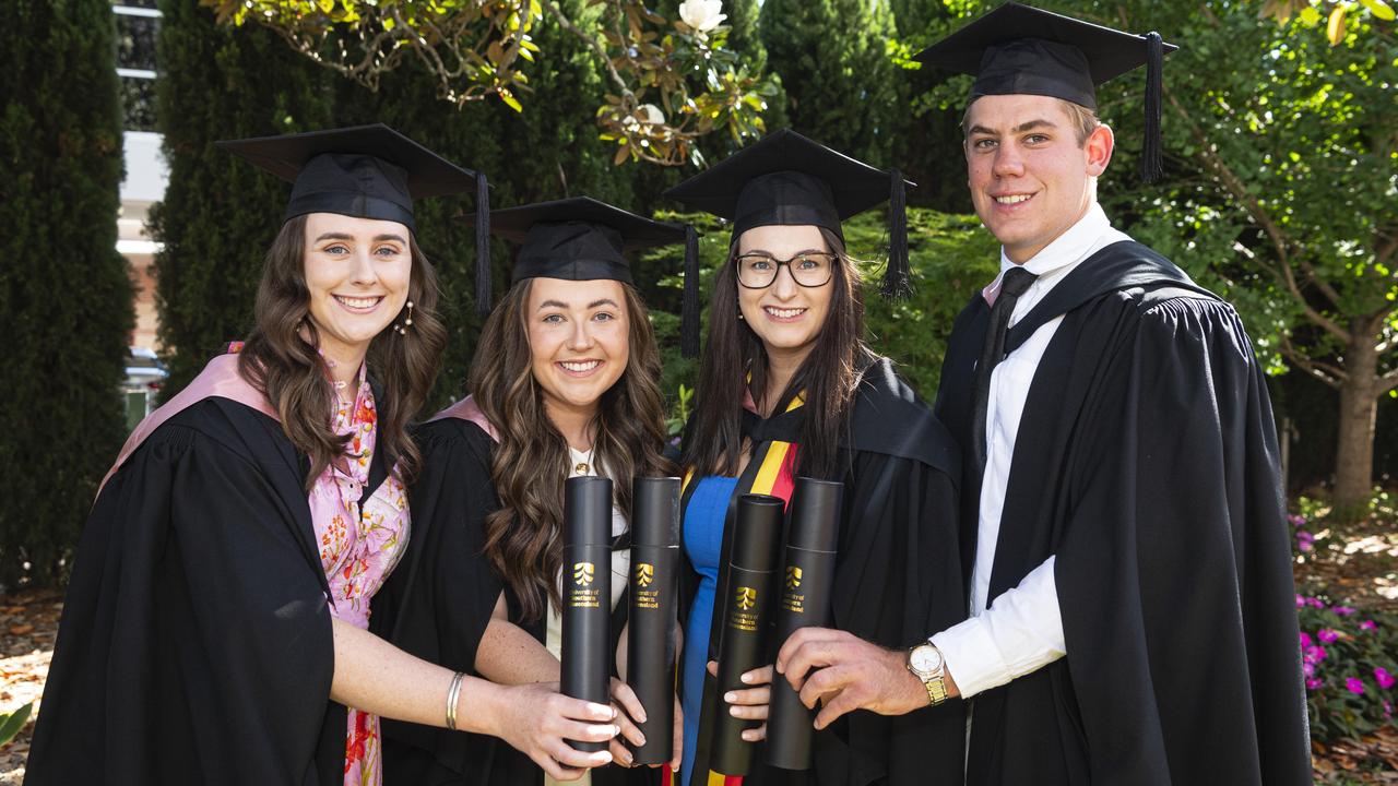 Celebrating graduating with a Bachelor of Education are (from left) Tanya Hearne, Kirby O'Shea, Hayley Lobwein and Jed Garratt at a UniSQ graduation ceremony at The Empire, Tuesday, October 29, 2024. Picture: Kevin Farmer