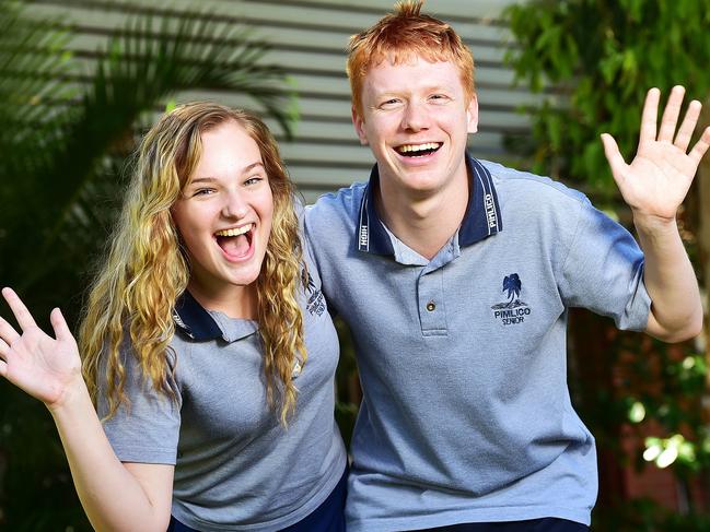 Pimlico State High School year 12 students Charlotte McDonnell, 17, and Alexander Browning, 17, are happy they can now dance at their graduation as COVID-19 regulations ease. Picture: Shae Beplate.