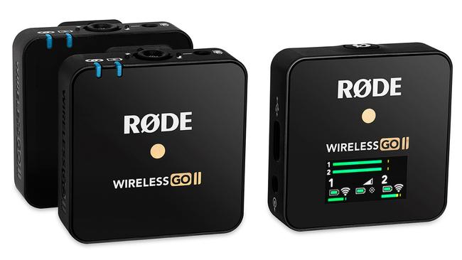 Rode Wireless Go II dual channel wireless microphone system with two transmitters and a common receiver.