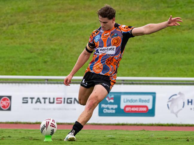 Northern Pride kicker Tom Duffy launches a conversion through the goals in their Hostplus Cup match against Central Queensland Capras at Barlow Park. Picture: Emily Barker