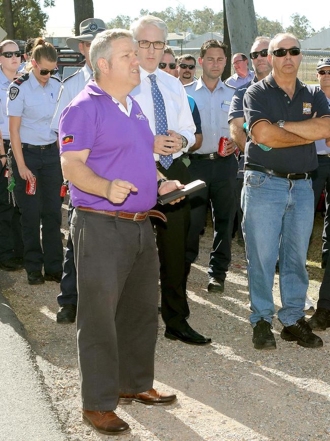 Michael Thomas from the Together Union speaks with prison officers at a rally. Pic Jono Searle.