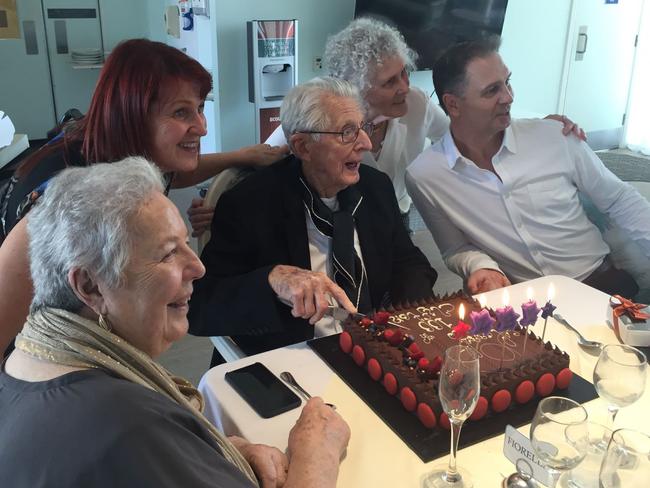 Clifton Haynes celebrates his 100th birthday surrounded by friends and relatives Fiorella Di Piramo, Barbara Moran, Clifton, Greta Moran and Shane Moran.