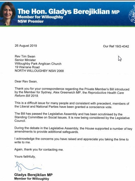 A letter sent by the Premier to the church.