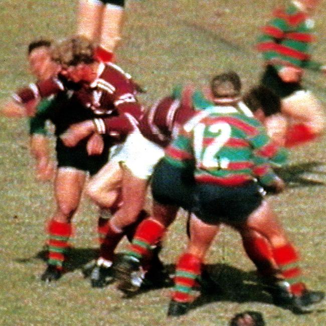 Rabbitohs captain John Sattler (L) is hit with forearm to head by John Bucknall during South Sydney v Manly 1970 first grade Grand Final.