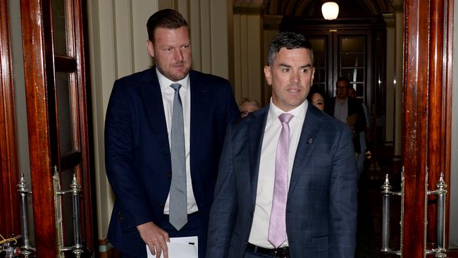 Victorian opposition police spokesman Brad Battin (right) has ousted John Pesutto as the Garden State’s Liberal Party leader. Picture: NewsWire / Andrew Henshaw