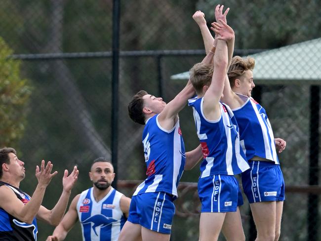 EDFL: Three Sunbury Kangaroos vie for the ball. Picture: Andy Brownbill