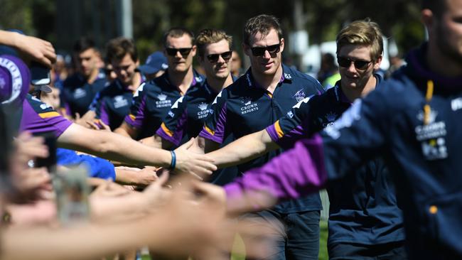 Melbourne Storm players arrive to the club's Fan Day at Gosch's Park. Picture: AAP