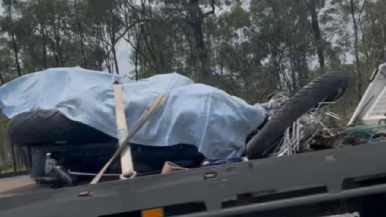 Motorbike being taken from the scene of a fatal crash on the Peak Downs Highway, 2km west of Fitzroy Development Rd on October 28, 2024. Picture: Janessa Ekert