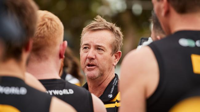 Glenelg Coach, Mark Stone talking to his team in the match against Centrals in Elizabeth. Picture: Matt Loxton