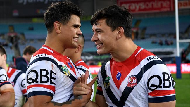 Latrell Mitchell and Joseph Manu built a strong bond at the Roosters. Picture: AAP/Dan Himbrechts