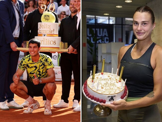 Alcaraz receives huge cake (L) while Sabalenka gets a dismal offering at the Madrid Open.