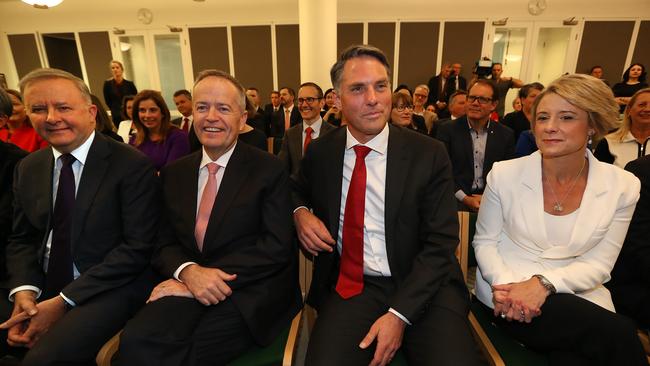 Left to right, Opposition leader Anthony Albanese, former leader Bill Shorten, Richard Marles and Kristina Keneally in a Labor caucus meeting at Parliament House. Picture: Kym Smith