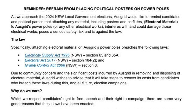 Ausgrid sent out a warning letter to all NSW Local government election candidates. Picture: Supplied