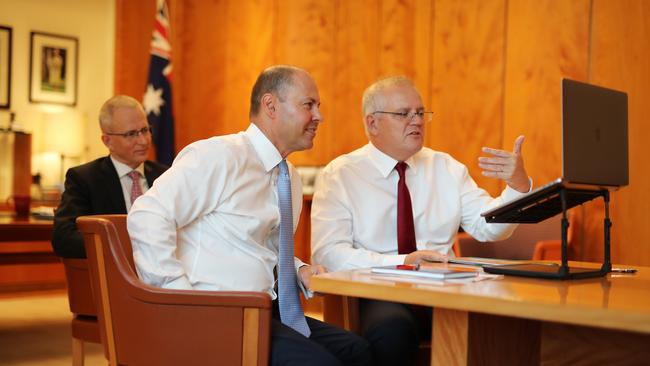 Prime Minister Scott Morrison, Treasurer Josh Frydenberg and Communications Minister Paul Fletcher chat with Alphabet chief executive Sundar Pichai on February 4. Picture: Adam Taylor / PMO