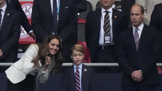 Family affair. Kate, George and William watched on during the Euro 2020 final between England and Italy at London’s Wembley Stadium. Picture: AFP