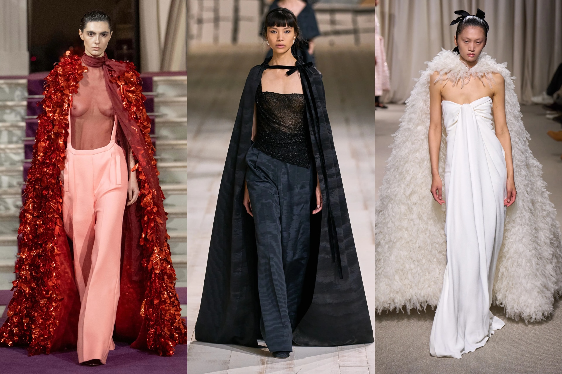 <p><i>Above (L-R): Valentino, Dior, Giambattista Valli</i></p><h2><b>Cape town</b></h2><p>What is couture without a bit of drama? Capes were on the menu at Dior, Valentino and Giambattista Valli, feathered and tinseled and moir&eacute;d.&nbsp;</p><p><a href="https://www.newsletters.news.com.au/vogue"><i>Sign up to the Vogue newsletter</i></a></p>