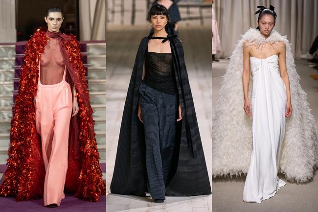 Above (L-R): Valentino, Dior, Giambattista ValliCape townWhat is couture without a bit of drama? Capes were on the menu at Dior, Valentino and Giambattista Valli, feathered and tinseled and moiréd. Sign up to the Vogue newsletter
