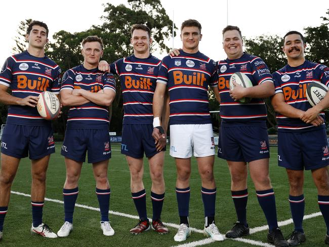 DAILY TELEGRAPH AUGUST 29, 2024. Eastern Suburbs have six of seven teams in club rugby grand finals this weekend. Captains from left Angus Wallace, Billy Dickens, Flyn Kilby, Josh Bokser, James Behringer and Steve Mayman at Woolahra Oval in Rose Bay. Picture: Jonathan Ng