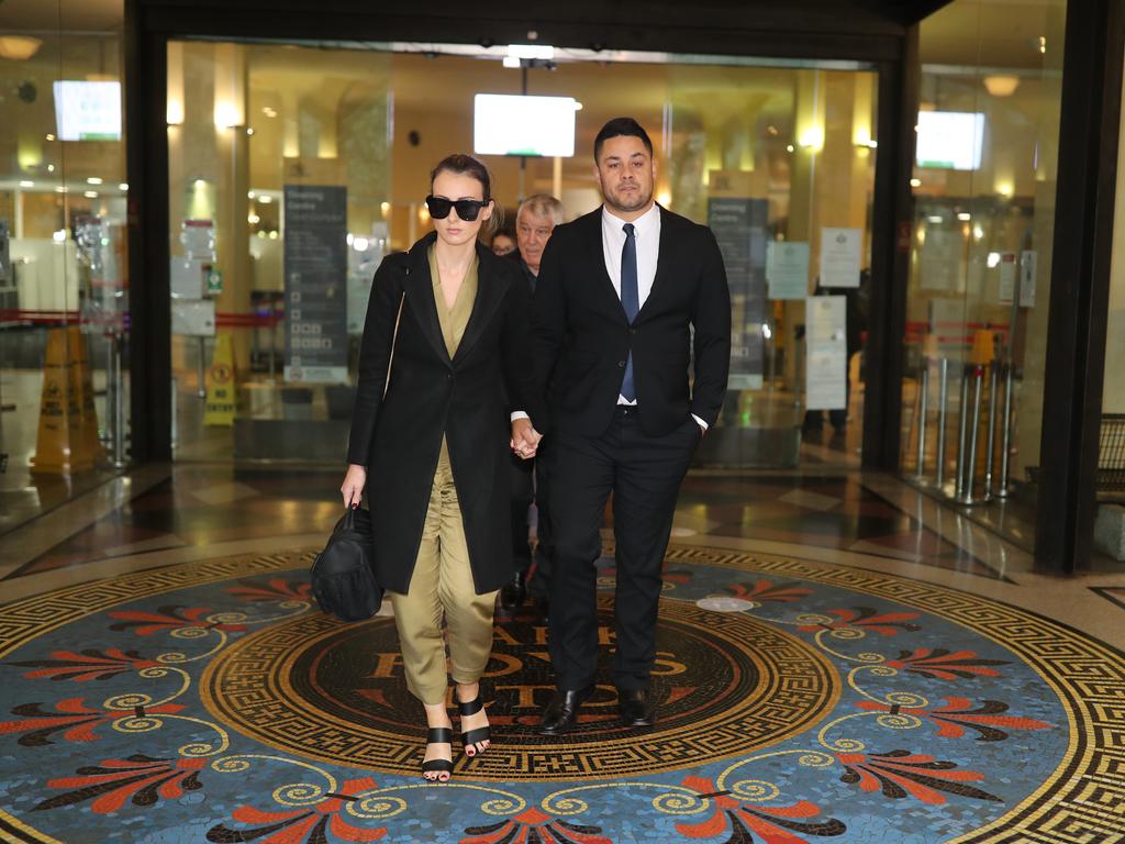 Jarryd Hayne leaving Downing Centre Court with his wife Amellia Bonnici. Picture: NCA NewsWire / Christian Gilles