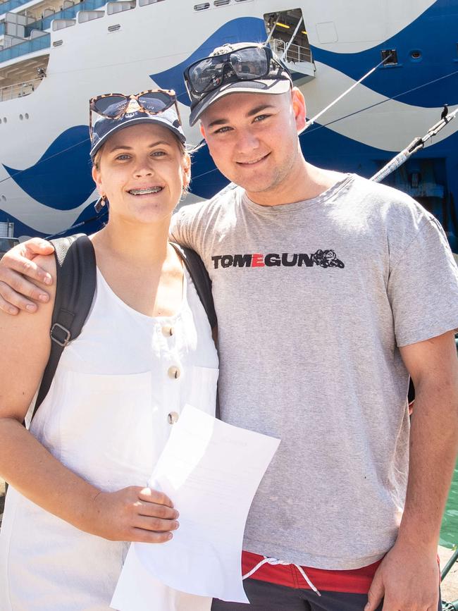 Chloe Pringle and William Edwards from Newcastle boarded the Majestic Princess after the Covid passengers disembarked. Picture: Julian Andrews