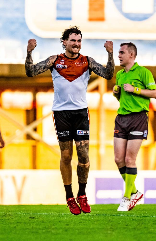 Jayden Magro celebrates a goal for the NTFL men's team against South Fremantle in the 2023 rep game. Picture: Patch Clapp / AFLNT Media