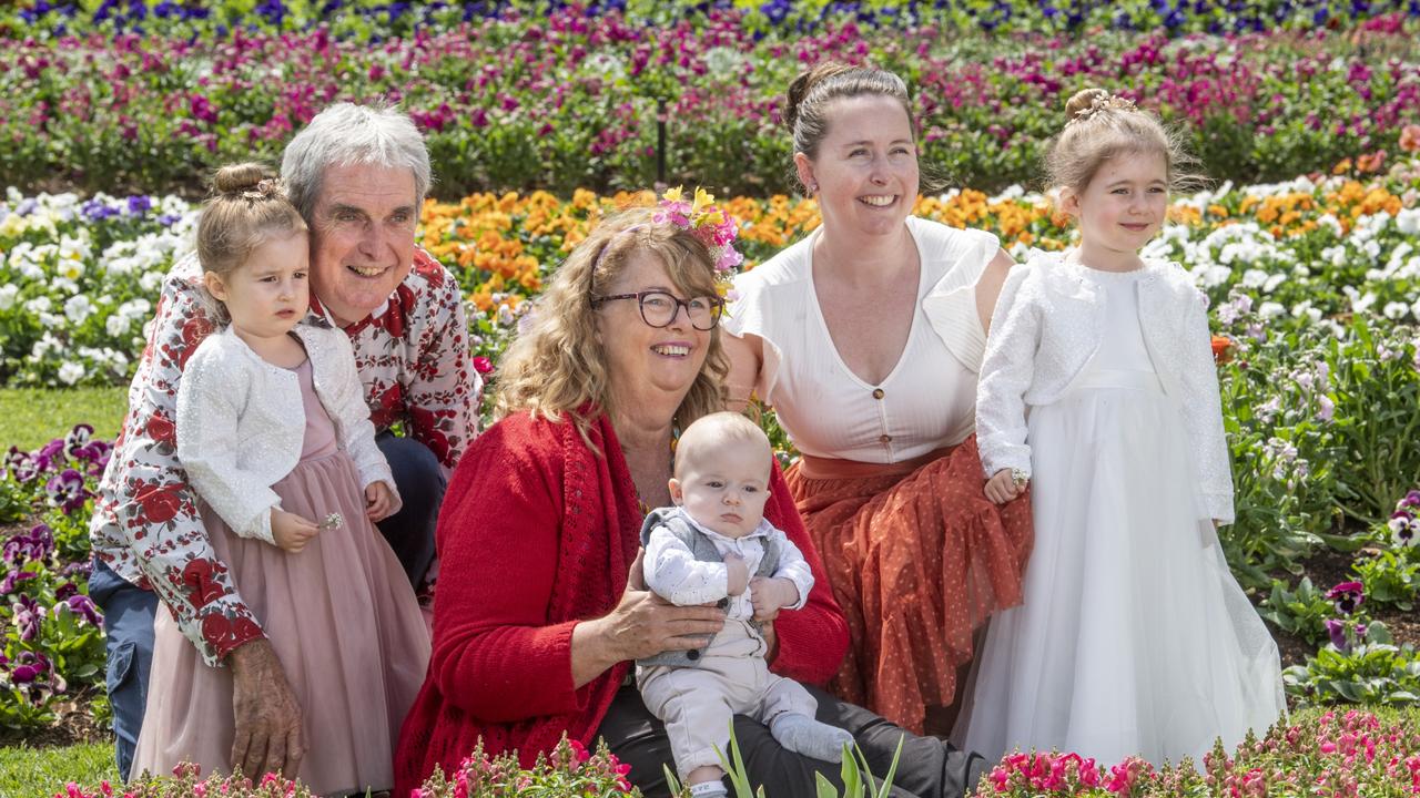 FAMILY FLOWER POWER: The Hodgkinson-Oliveri family have returned to Toowoomba’s Carnival of Flowers after regularly attending the event for 40 years. In the Botanic Gardens (from left) Everlyn Oliveri, Paul and Helen Hodgkinson with Fletcher, Elizabeth and Amelia Oliveri. Picture: Nev Madsen