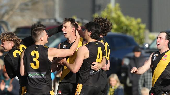 Torquay's Lucas Anderson celebrates a late goal. BFL Grand Final: Torquay v Drysdale. Picture: Alan Barber