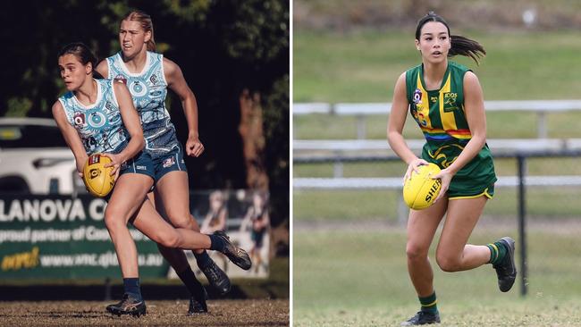 Coorparoo Kings player Hannah McLaughlin and Maroochydore Roos star Kaiya Hides have been standouts in the QAFLW 2023 season. Pictures: Brooke Sleep Media and Highflyer Images.