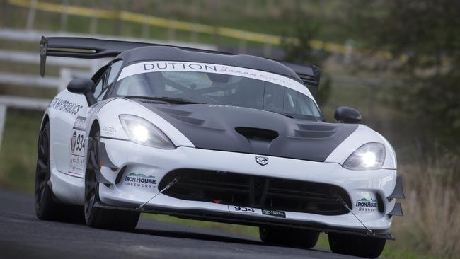 Jason White and John White in their 2016 Dodge Viper ACR Extreme during the Moriarty stage of Targa Tasmania last year. Picture: CHRIS KIDD