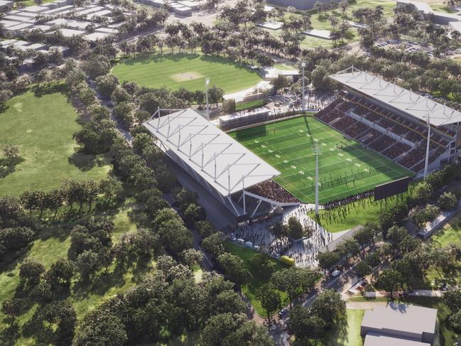 Digital Render of the Penrith Stadium Redevelopment. Supplied by Infrastructure NSW.