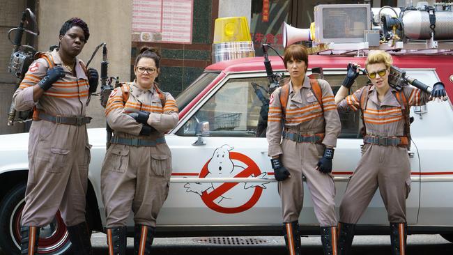 In this image released by Sony Pictures, from left, Leslie Jones, Melissa McCarthy, Kristen Wiig and Kate McKinnon appear in a scene from the film, "Ghostbusters," opening nationwide on July 15. (Hopper Stone/Columbia Pictures, Sony via AP)